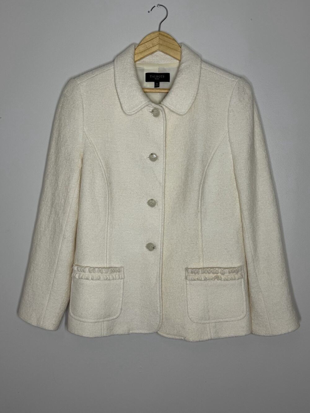 Talbots Wool Blend Blazer Womens 14 Petite Cream Textured Knit Preppy Elegant